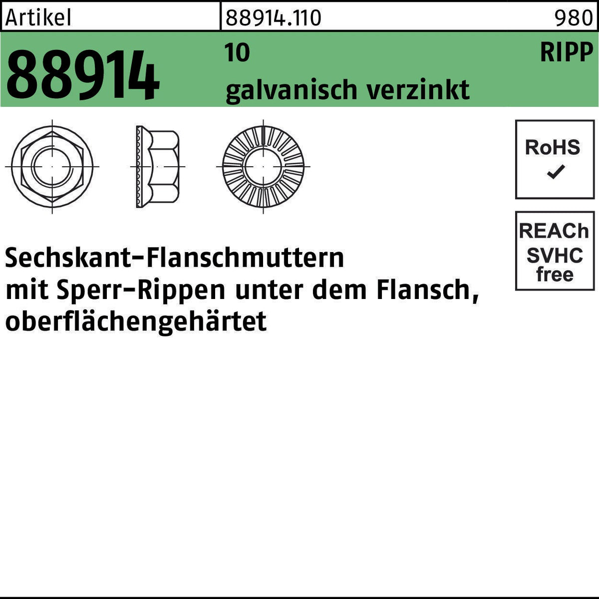 REYHER Sechskantflanschmutter R 88914 Sperr-Ripp M5