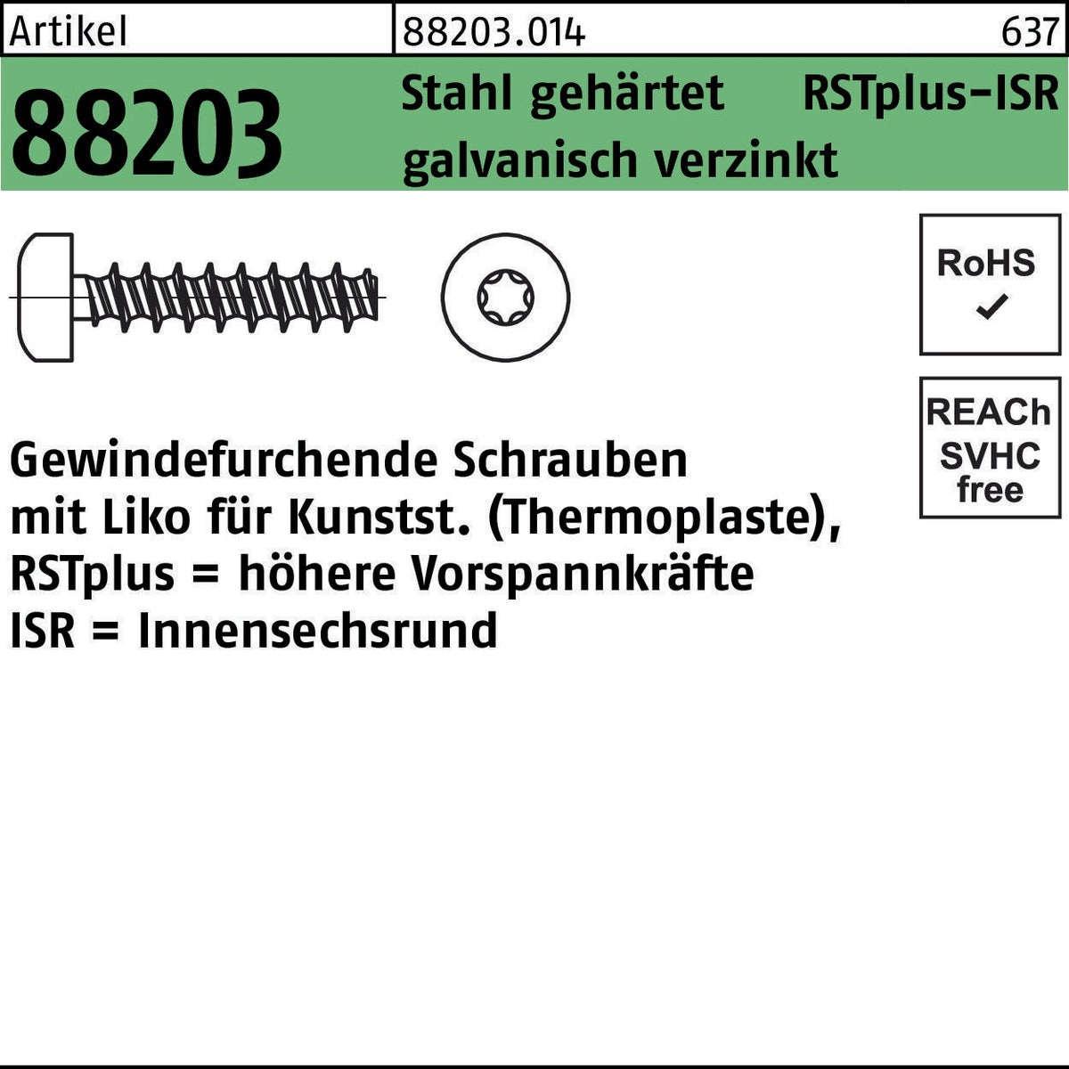 F. REYHER Gewindefurchendeschraube R 88203 Liko ISR 2,2x6 mm Stahl verzinkt 1000 Stk.