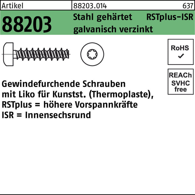 F. REYHER Gewindefurchendeschraube R 88203 Liko ISR 2,2x6 mm Stahl verzinkt 1000 Stk.