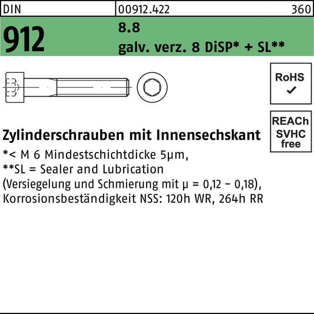 F. REYHER Zylinderschraube DIN 912 Innensechskant M3x6 8.8 galvanisch verzinkt 500 Stück