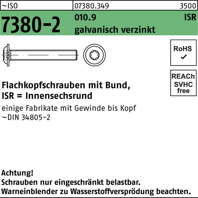 F. REYHER Flachkopfschraube ISO 7380-2 M3x10-T10 10.9 galv. verzinkt 500 Stk.