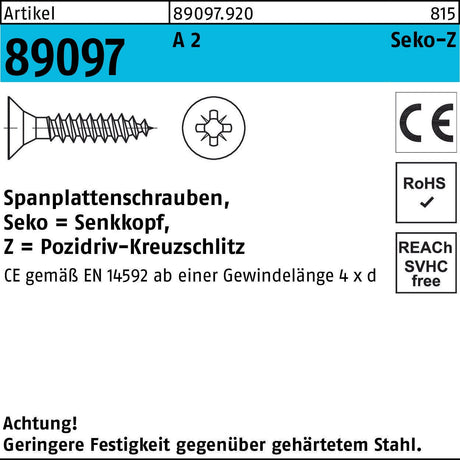 Spanplattenschrauben Seko-Z 4,5 x 60 mm A2 Pozidriv Senkkopf 100 Stück von REYHER