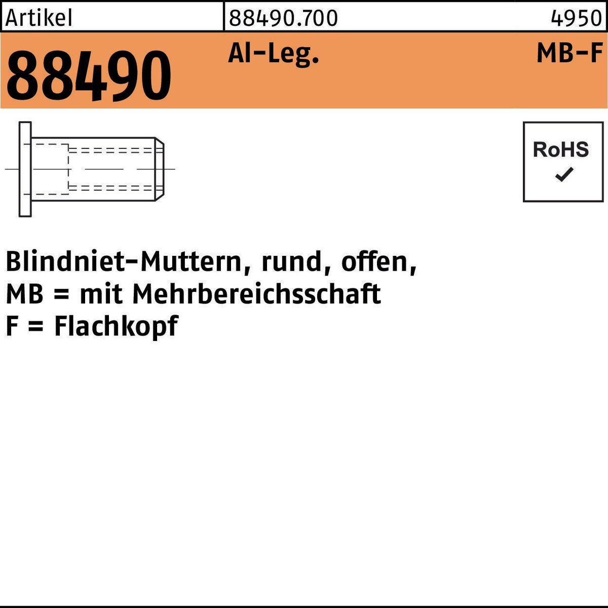 FLAKO Blindnietmutter R 88490 M4/0,5 Stahl verzinkt 500 Stück