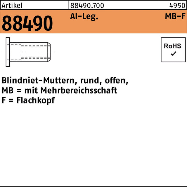 FLAKO Blindnietmutter R 88490 M4/0,5 Aluminium 500 Stück – Flachkopf, Mehrbereichsschaft