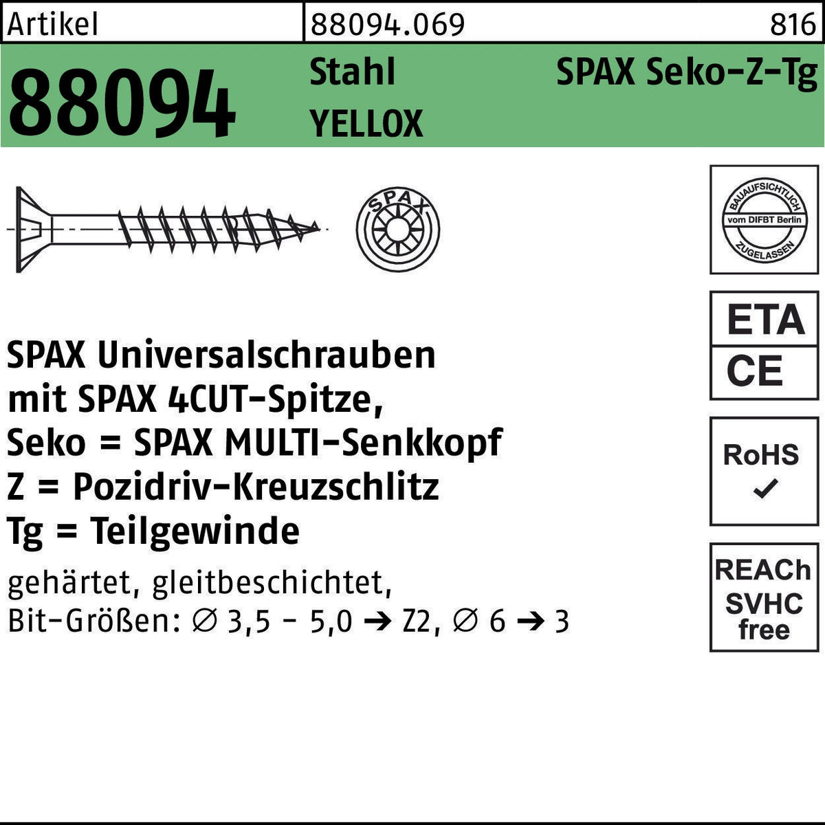 SPAX Seko-Z-Tg Universalschrauben 3,5x50 mm YELLOX 500 Stück