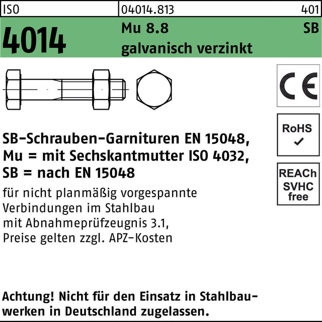 Sechskantschraube ISO 4014 M24x180 Mu 8.8 galvanisch verzinkt mit Mutter – F. REYHER