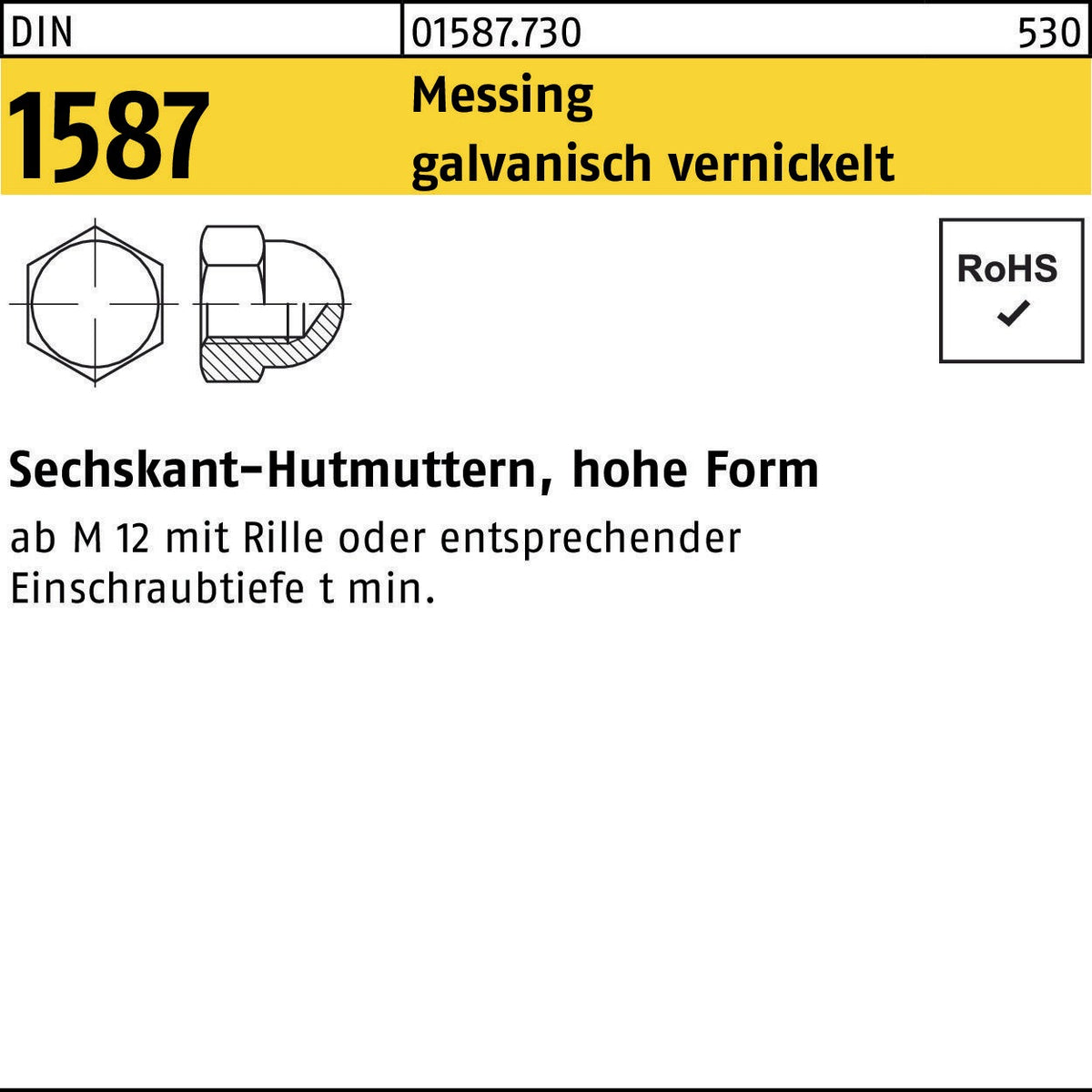 Sechskanthutmutter DIN 1587 M3 von F. REYHER – Messing galvanisch vernickelt