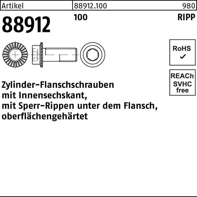REYHER Zylinderflanschschraube R 88912 Sperr-Ripp Innen-6kt M5x10 – 500 Stück
