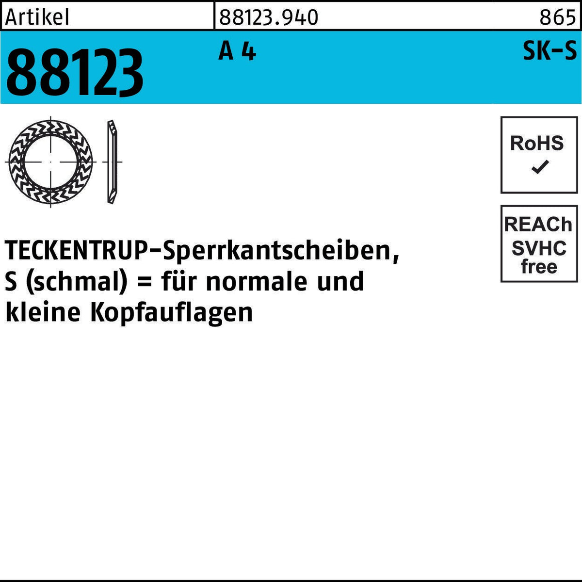 TECKENTRUP Sperrkantscheibe R 88123 S 4x8,2x0,8 mm Federstahl zinklamellenbeschichtet 1000 Stück