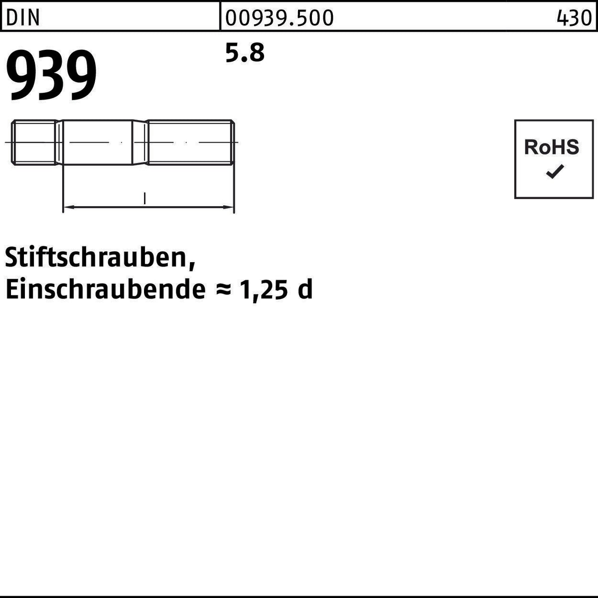 F. REYHER Stiftschraube DIN 939 M10 x 65 mm, 5.8, Einschraubende 1,25d