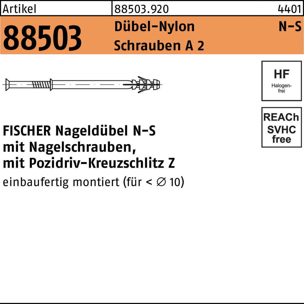 FISCHER Nageldübel N-S 5x30/5 mit Nagelschrauben A2, Nylon-Dübel