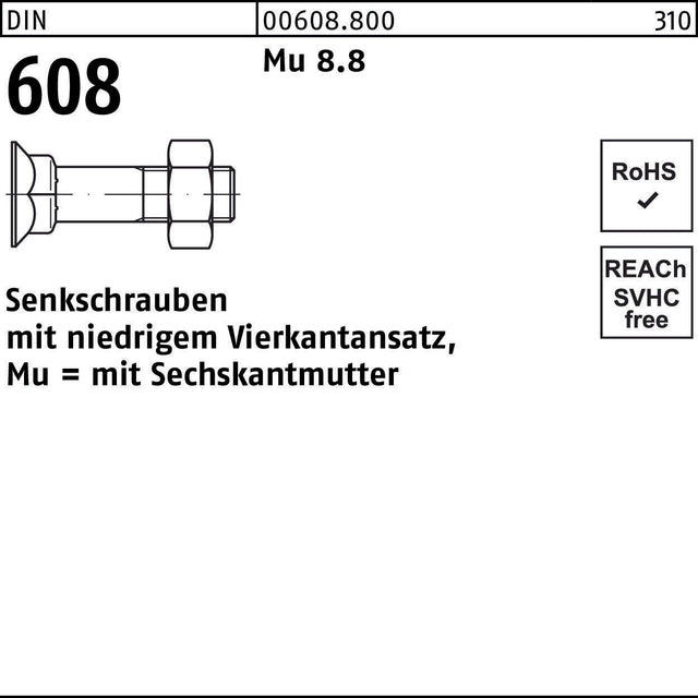 F. REYHER Senkschraube DIN 608 mit Vierkantansatz und Sechskantmutter M8x30 Mu 8.8