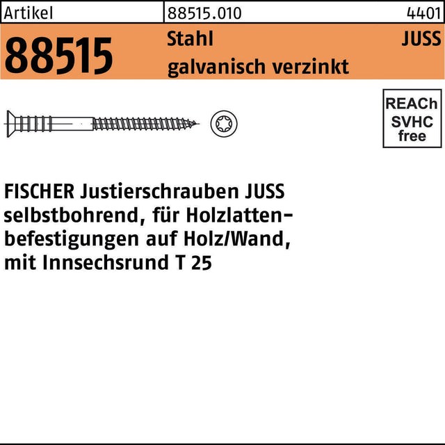FISCHER Justierschrauben JUSS 6x60 mm T25 Stahl verzinkt 100 Stück