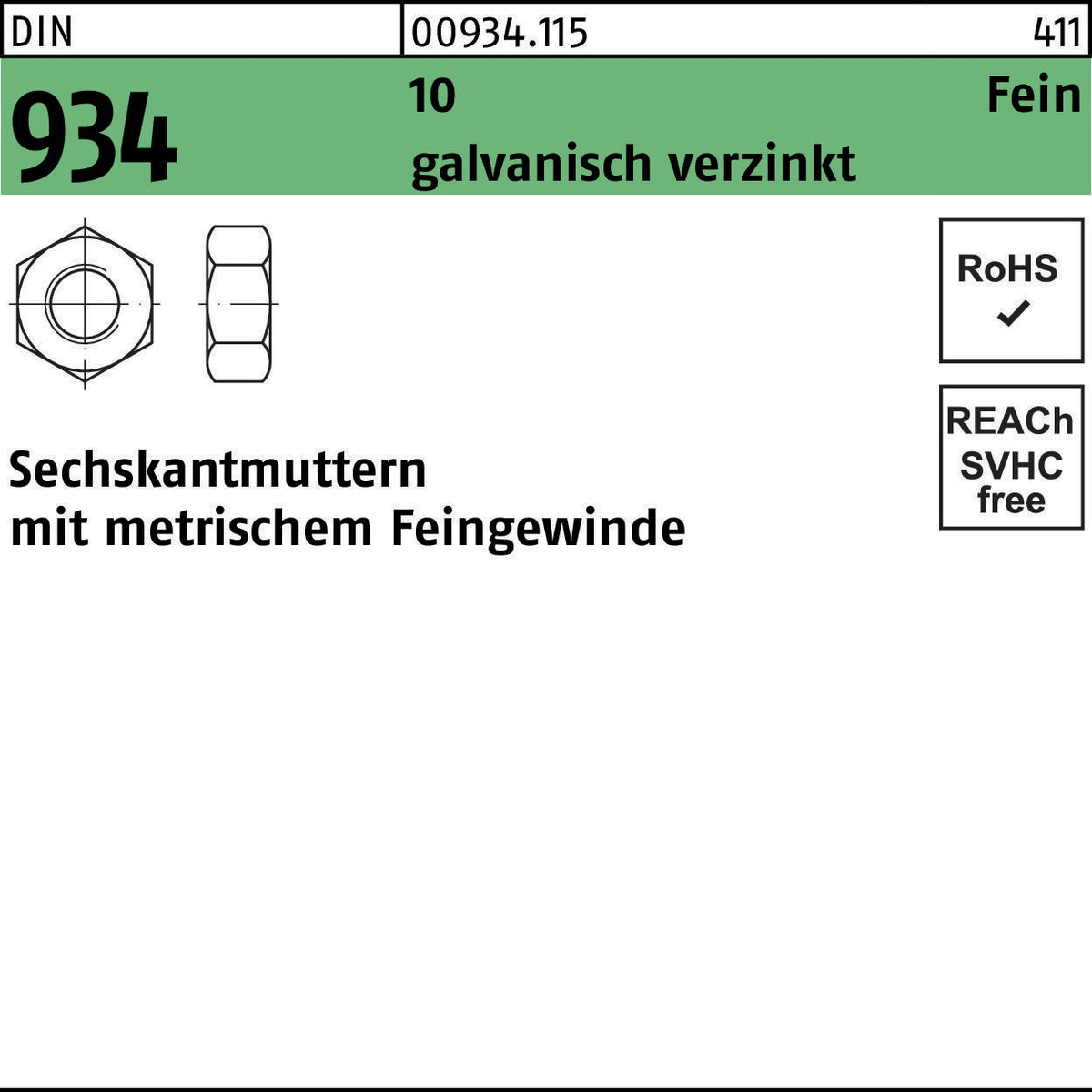 F. REYHER Sechskantmutter DIN 934 M8x1 10 galvanisch verzinkt 100 Stück
