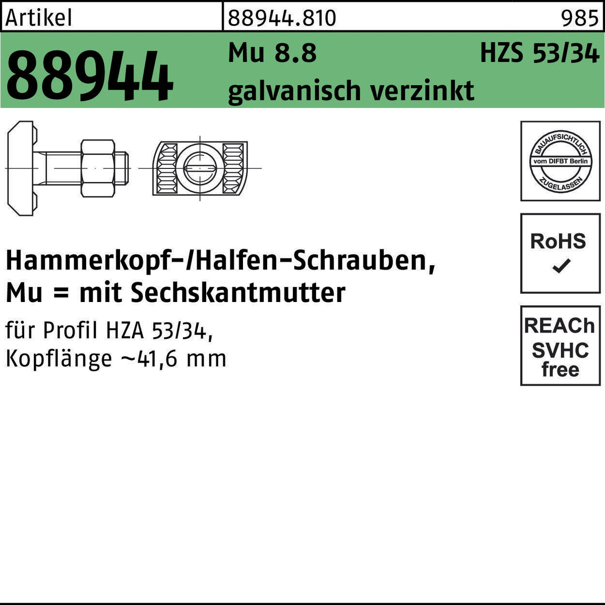HALFEN Hammerkopfschraube R 88944 M16x60 mm mit Sechskantmutter, 25 Stück, galvanisch verzinkt