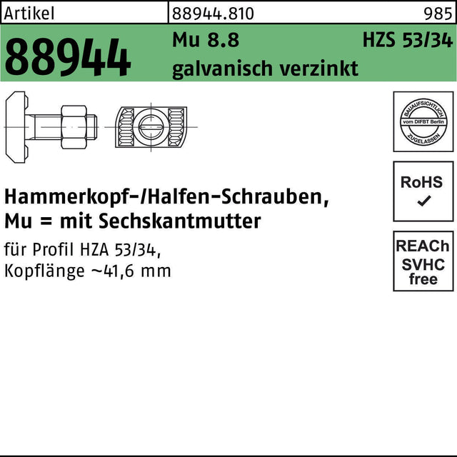 HALFEN Hammerkopfschraube R 88944 M16x60 mm mit Sechskantmutter, 25 Stück, galvanisch verzinkt