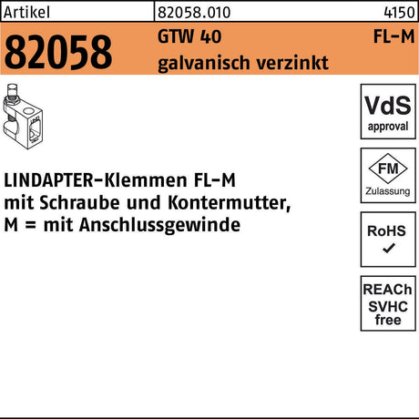 LINDAPTER Klemme R 82058 GTW 40 FL-M galvanisch verzinkt mit Anschlussgewinde M6