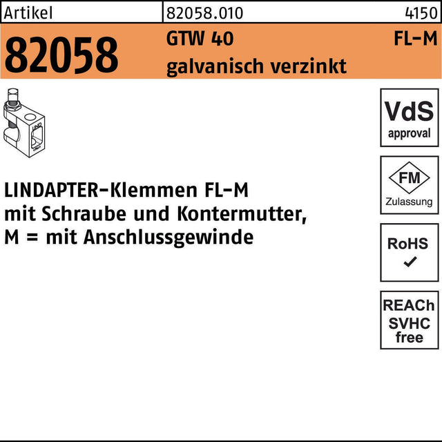 LINDAPTER Klemme R 82058 GTW 40 FL-M galvanisch verzinkt mit Anschlussgewinde M6