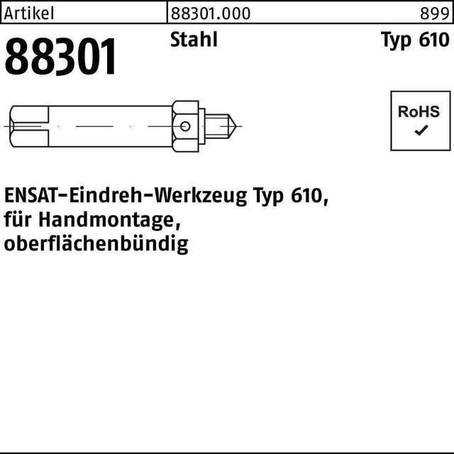 ENSAT Eindrehwerkzeug R 88301 Typ 610 M3 Stahl für Handmontage – oberflächenbündig