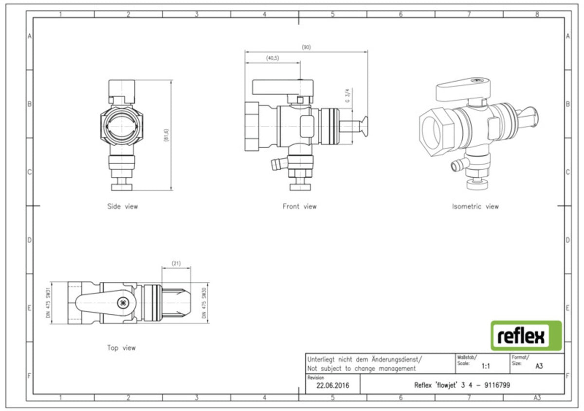 Reflex Flowjet G 3/4' Durchströmungsarmatur – Absperrung & Entleerung für Refix DD Membran-Druckausdehnungsgefäße