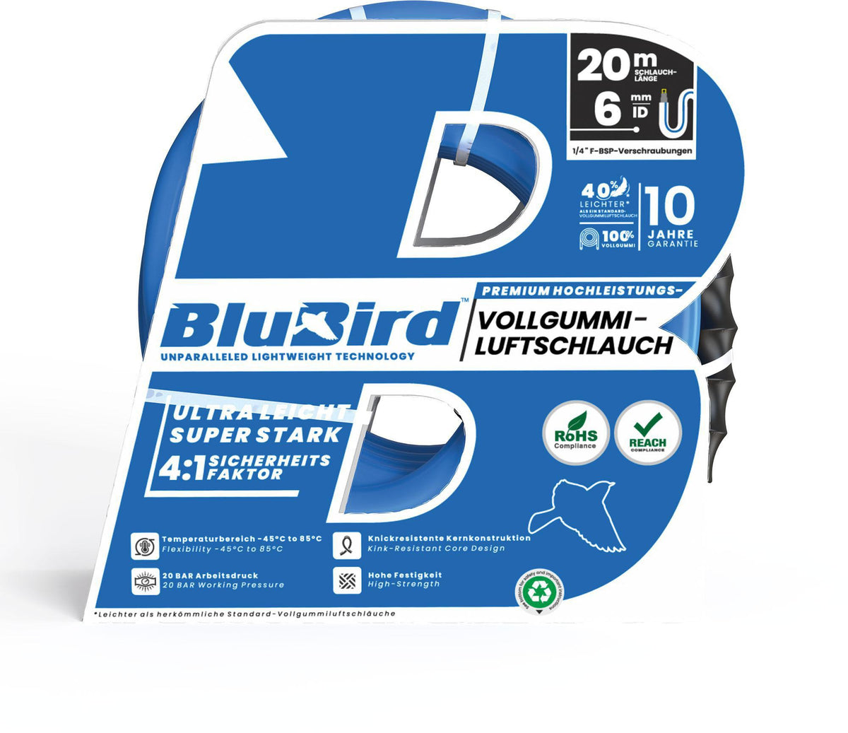 RIEGLER Werkstattschlauch-Set BluBird 10 m, ID 6 mm, AD 12 mm, Schnellverschlusskupplung