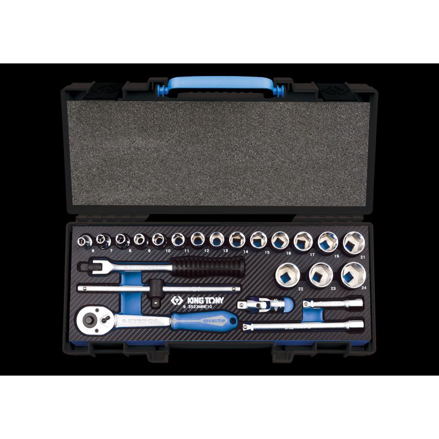 KING TONY Profi-Werkzeuge - 3/8" 6-Kant Steckschlüssel-Set, EVAWAVE, Zubehör - 23 tlg. 3523MRE10