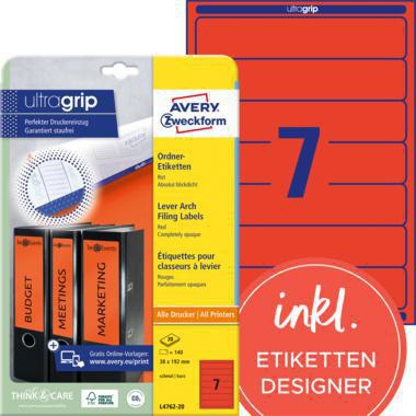 Avery Zweckform Ordnerrückenetikett L4763-20 ultragrip 38 x 192 mm blau 140 Stück