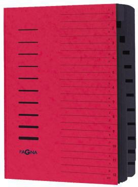 PAGNA Ordnungsmappe DIN A4, 12 Fächer A-Z/1-12, rot, Pressspankarton 240 g/m², Gummizugverschluss