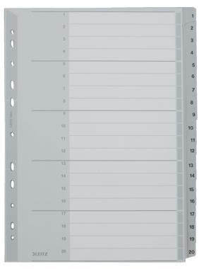LEITZ Zahlenregister 1-20 DIN A4 Überbreite – Graues PP-Register mit Deckblatt