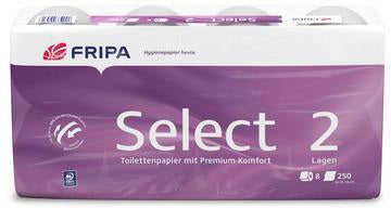Fripa Toilettenpapier Select 2-lagig, 100 % Zellstoff, hochweiß, 8 Rollen à 250 Blatt