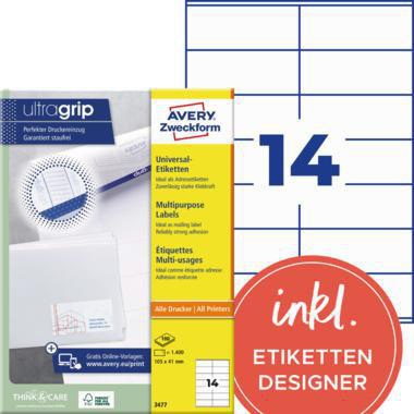 Avery Zweckform Universaletikett 3477 ultragrip 105x41mm weiß 1.400 Stück