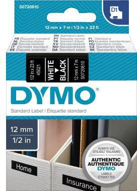 DYMO D1 Schriftbandkassette 12mm x 7m weiß auf schwarz – UV-beständig, wieder ablösbar