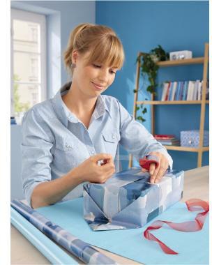 tesa Handabroller Mini 57858-00000 19mm x 10m rot/blau – Nachfüllbarer Abroller inkl. tesafilm® kristall-klar