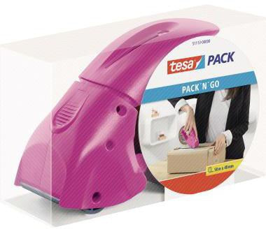 tesa Packbandabroller PACK 'n' GO 51113 pink – Handlich, Anti-Rutsch-Griff, inkl. Packband
