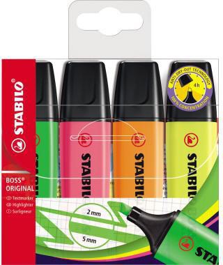 STABILO BOSS ORIGINAL Textmarker 4er-Set – 4 Farben, Keilspitze 2-5 mm