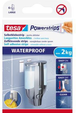 tesa Powerstrips Waterproof Klebepads – 6 Stück, wasserfest, rückstandslos ablösbar, 2 kg Tragkraft