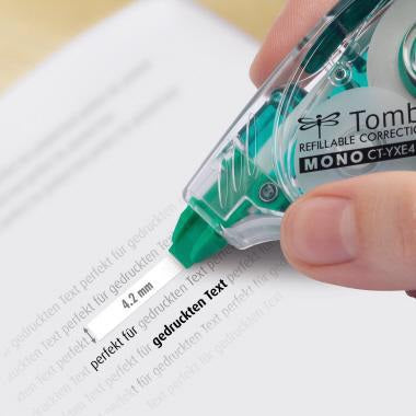 Tombow MONO YXE4 Korrekturroller 4,2 mm x 16 m – Nachfüllbar, seitliche Anwendung, transparentes Gehäuse
