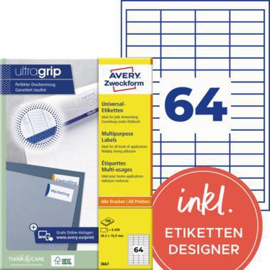 AVERY ZWECKFORM Universaletikett ultragrip 48,5 x 16,9 mm, 6.400 Etiketten, weiß, für Laserdrucker