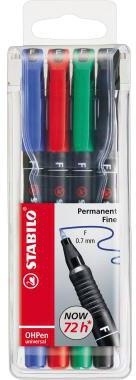 STABILO OHPen universal Folienstift 4er Set, 0,7 mm, farbig sortiert, permanent, bis 72 h Austrocknungsschutz