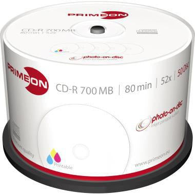 PRIMEON CD-R 52x 700MB 80 Min. Spindel 50 Stück – bedruckbare Rohlinge mit photo-on-disc Oberfläche