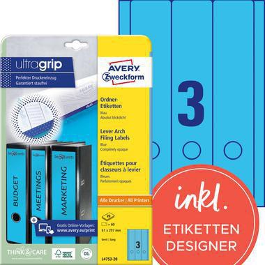 Avery Zweckform Ordnerrückenetikett L4753-20 ultragrip breit/lang 61 x 297 mm blau 60 Etiketten