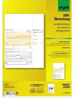 SIGEL Überweisung ZV570 DIN A4 für InkJet/Laser-Drucker 100 Bl./Pack.
