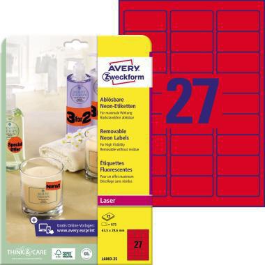 Avery Zweckform Neonetiketten L6003-25 63,5x29,6 mm neonrot 675 Stück
