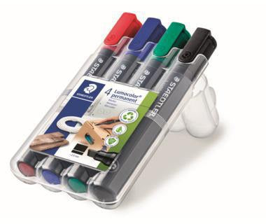 STAEDTLER Lumocolor 350 Permanentmarker 2-5 mm, 4er-Set farbig sortiert, wasserfest & nachfüllbar