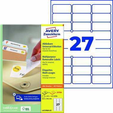 Avery Zweckform Universaletikett L4737REV-25, 63,5 x 29,6 mm, weiß, 810 Etiketten, wiederablösbar