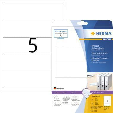 HERMA Ordnerrückenschild 5032 breit/kurz weiß 125 St./Pack. – Rückenschild für Ordner mit Einstecktasche