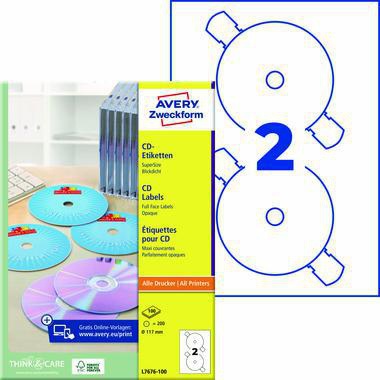 Avery Zweckform CD/DVD-Etiketten L7676-100, 117 mm, weiß, 200 Stück, für Laserdrucker
