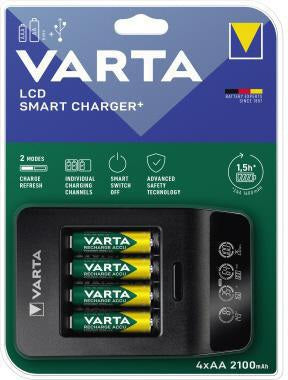 VARTA Smart Charger+ LCD Akkuladegerät mit 4x AA 2.100 mAh – Einzelschachtladung & USB