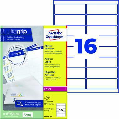 Avery Zweckform Adressetiketten L7162-100 ultragrip 99,1 x 33,9 mm, 1.600 Etiketten, für Laserdrucker