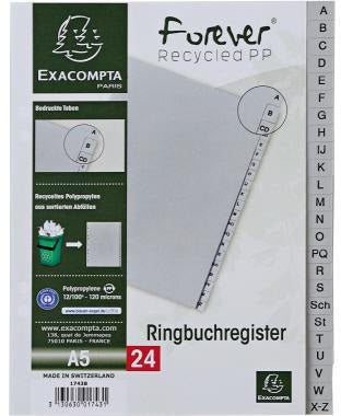 Exacompta A-Z Register Forever® DIN A5 grau – 24 Registerblätter, 6fach Lochung, Blauer Engel